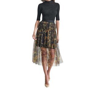 DKNY Logo Band Tulle Leopard Print Midi Skirt Womens Size Large